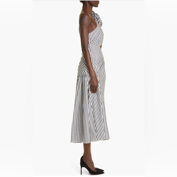 NWT Carolina Herrera Striped Rosette One-Shoulder Cutout Midi Dress - Picture 6 of 14